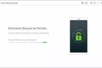 Desbloqueo de pantalla del teléfono mediante computadora. La barra de progreso muestra el proceso de desbloqueo.
