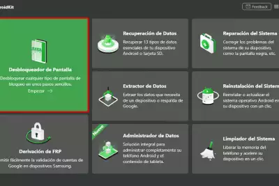 Interfaz de DroidKit que muestra opciones para desbloquear el bloqueo de pantalla del teléfono Android, omitir FRP y más.