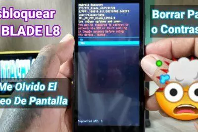 Pantalla de recuperación de Android del ZTE Blade L8 con opciones para desbloquear o borrar la contraseña. Guía paso a paso.