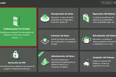 Interfaz de DroidKit que muestra opciones para desbloquear el bloqueo de pantalla del teléfono Android, omitir FRP y más.