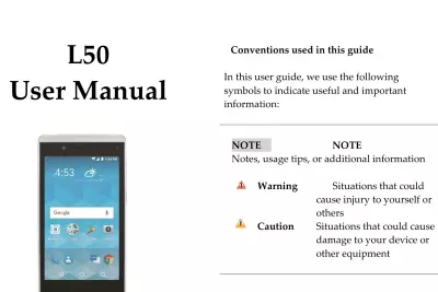 Manual de usuario Hisense L50: pantalla del teléfono que muestra la hora y las aplicaciones.