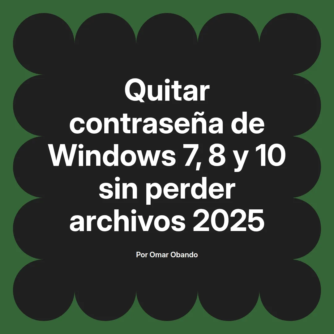 imagen destacada del post con un texto en el centro que dice Quitar contraseña de Windows 7, 8 y 10 sin perder archivos 2025 y abajo del texto aparece el nombre del autor Omar Obando
